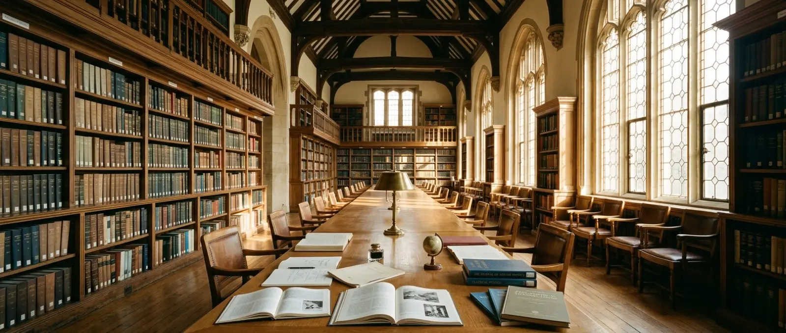 Sunlit academic library reading room lined with journals and open books