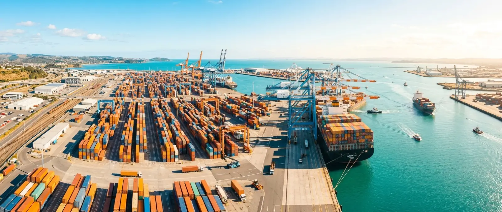 Aerial view of a container port terminal in bright daylight
