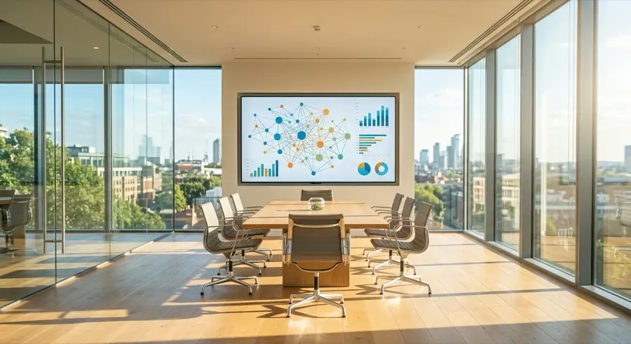 Data analytics and research design consulting: glowing network graph data visualisation