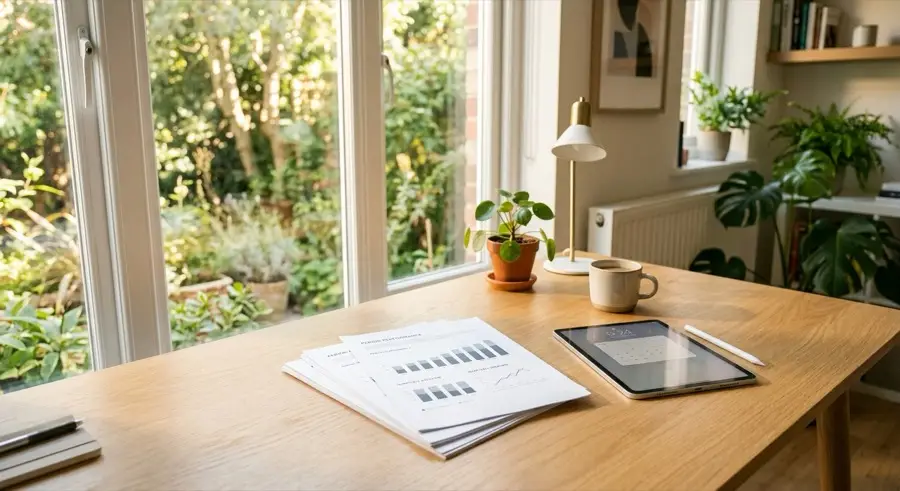 Monitoring and evaluation consulting: analytics dashboard and printed reports on a desk at night