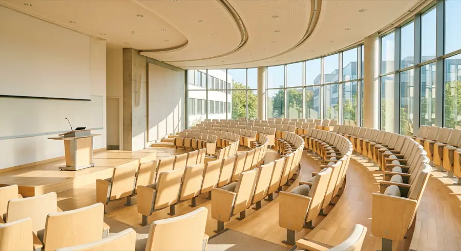 Executive training and curriculum development: empty lecture theatre lit by a single light